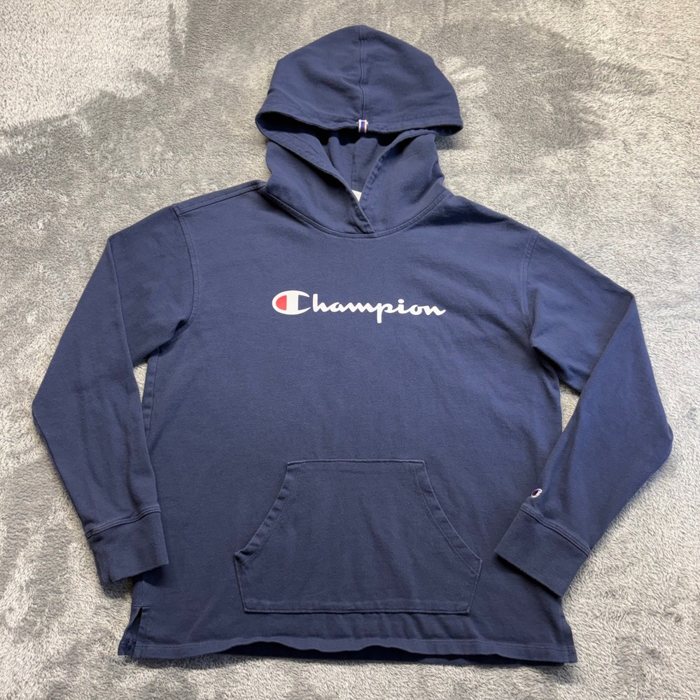 Champion Hoodie Mens Small‎ Navy Blue Excellent Script Logo Pullover Sweatshirt